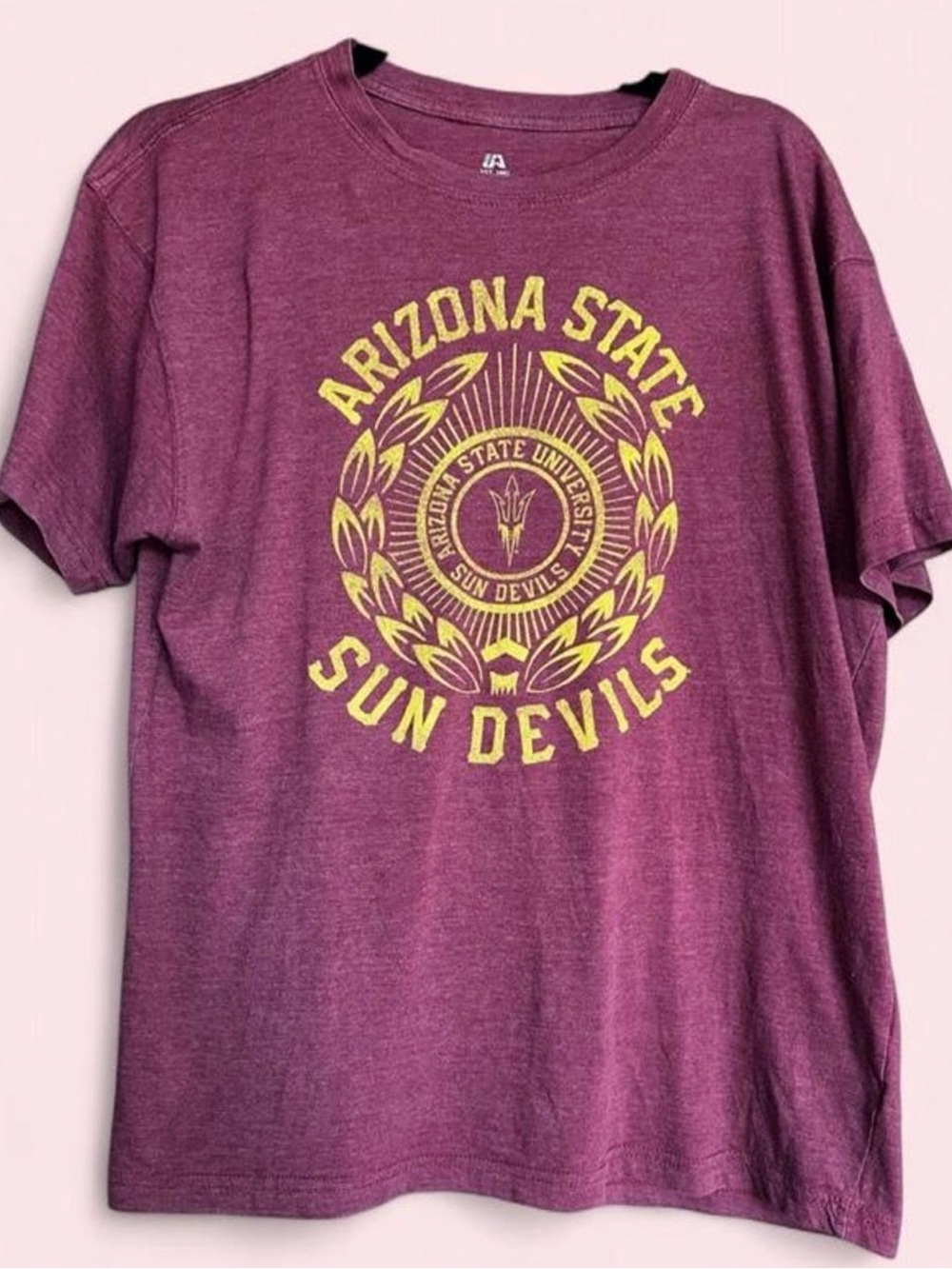 J. America Maroon Crewneck Tee with Yellow Arizona State Graphic